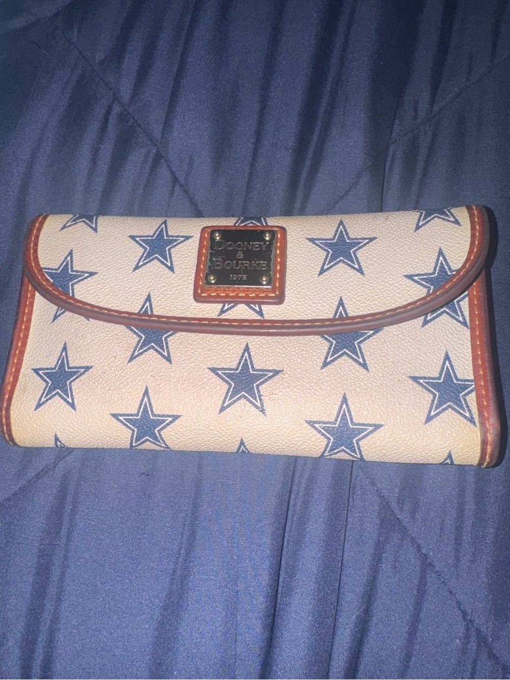Dooney & Bourke Cream Wallet with Navy Star Print and Brown Trim